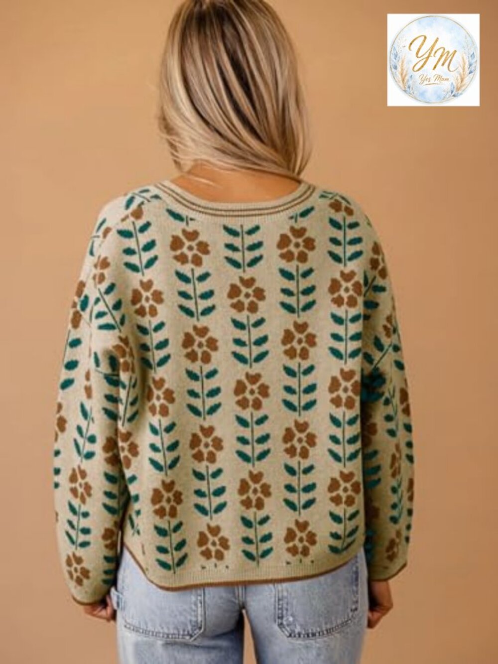 Floral Print V Neck Cardigan Open Front Button Down Knit Sweater Long Sleeve - Picture 3 of 7